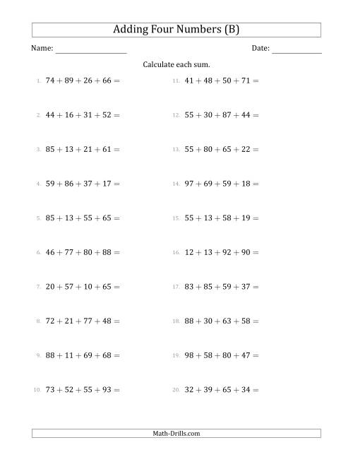 The Adding Four Numbers Horizontally (Range 10 to 99) (B) Math Worksheet