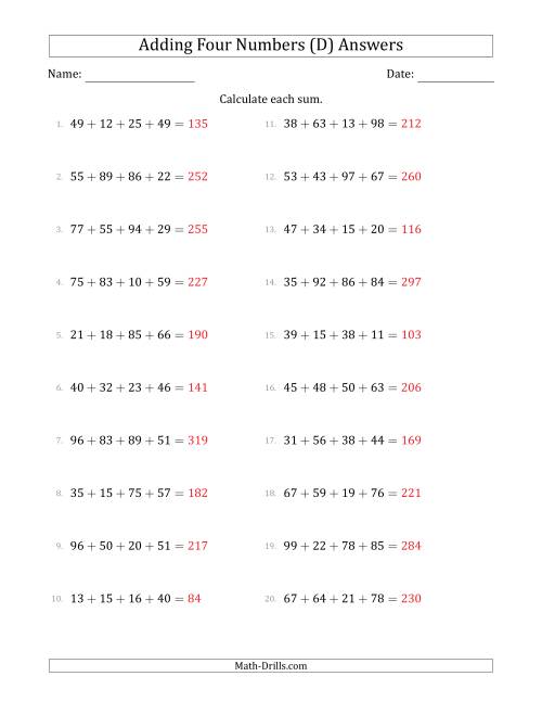 The Adding Four Numbers Horizontally (Range 10 to 99) (D) Math Worksheet Page 2