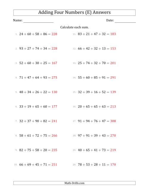 The Adding Four Numbers Horizontally (Range 10 to 99) (E) Math Worksheet Page 2