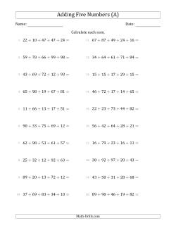 Adding Five Numbers Horizontally (Range 10 to 99)