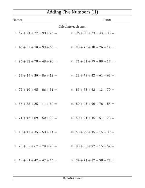 The Adding Five Numbers Horizontally (Range 10 to 99) (H) Math Worksheet
