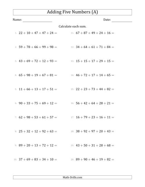 The Adding Five Numbers Horizontally (Range 10 to 99) (All) Math Worksheet