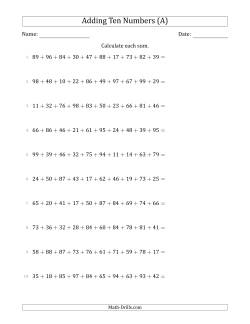 Adding Ten Numbers Horizontally (Range 10 to 99)