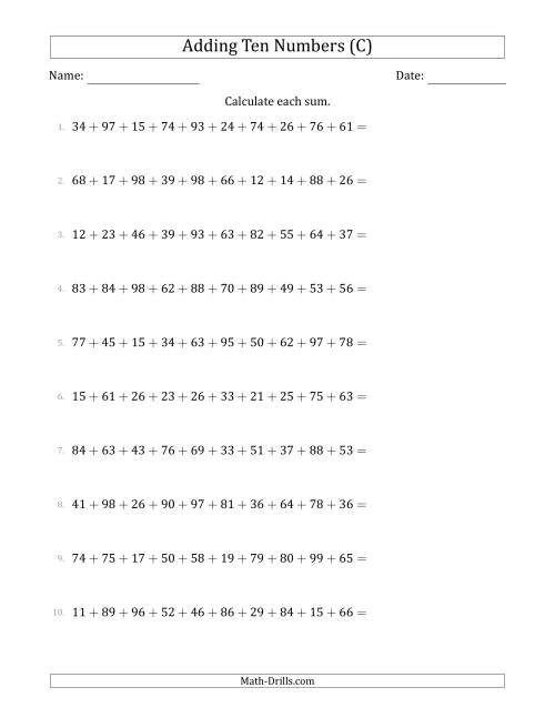 The Adding Ten Numbers Horizontally (Range 10 to 99) (C) Math Worksheet
