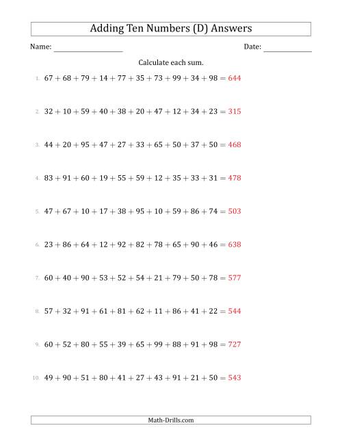 The Adding Ten Numbers Horizontally (Range 10 to 99) (D) Math Worksheet Page 2