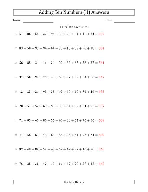 The Adding Ten Numbers Horizontally (Range 10 to 99) (H) Math Worksheet Page 2