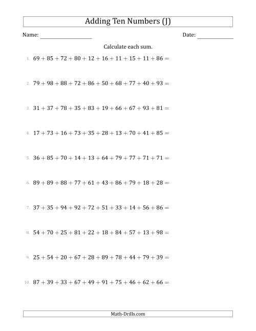 The Adding Ten Numbers Horizontally (Range 10 to 99) (J) Math Worksheet