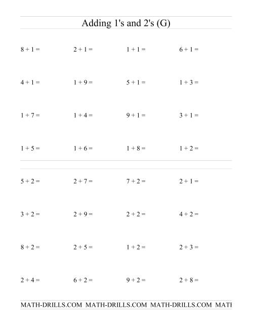 The Single Digit Addition -- Adding Ones and Twos (G) Math Worksheet