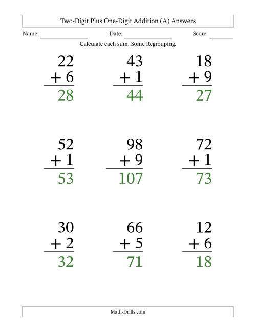 Two-Digit plus One-Digit Addition -- 9 Questions (A)