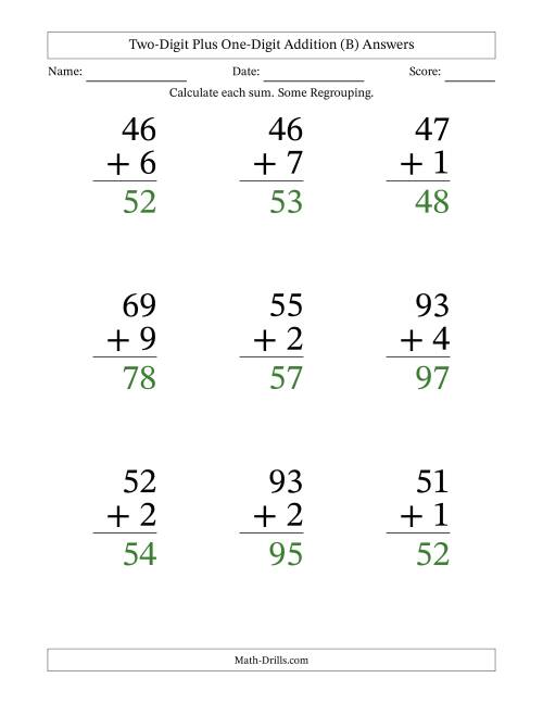 The Two-Digit Plus One-Digit Addition With Some Regrouping – 9 Questions – Large Print (B) Math Worksheet Page 2