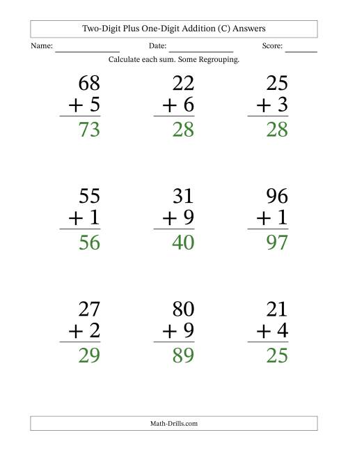The Two-Digit Plus One-Digit Addition With Some Regrouping – 9 Questions – Large Print (C) Math Worksheet Page 2