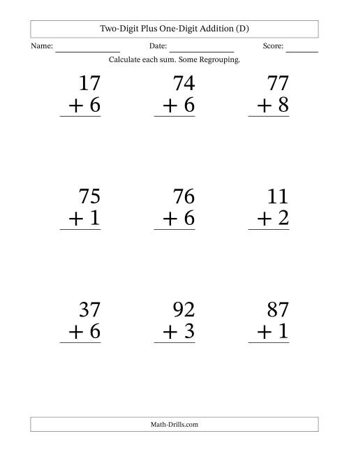 Two-Digit plus One-Digit Addition -- 9 Questions (D)