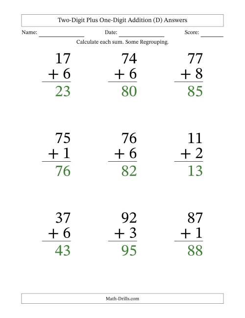 The Two-Digit Plus One-Digit Addition With Some Regrouping – 9 Questions – Large Print (D) Math Worksheet Page 2
