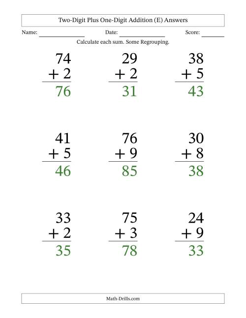 The Two-Digit Plus One-Digit Addition With Some Regrouping – 9 Questions – Large Print (E) Math Worksheet Page 2