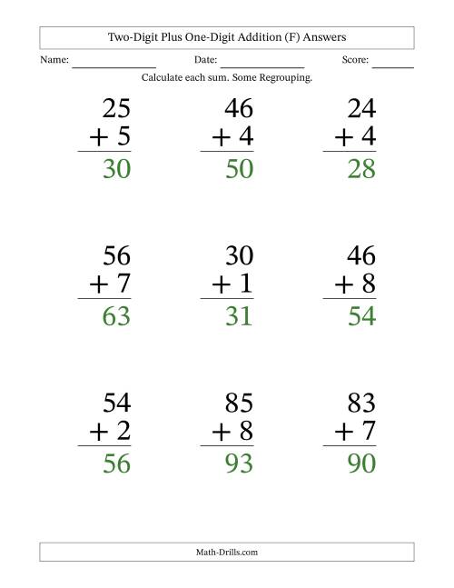The Two-Digit Plus One-Digit Addition With Some Regrouping – 9 Questions – Large Print (F) Math Worksheet Page 2