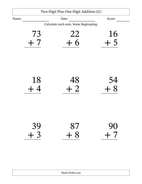 Two-Digit plus One-Digit Addition -- 9 Questions (G)