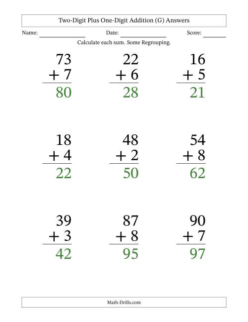 The Two-Digit Plus One-Digit Addition With Some Regrouping – 9 Questions – Large Print (G) Math Worksheet Page 2