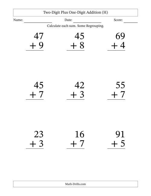 Two-Digit plus One-Digit Addition -- 9 Questions (H)