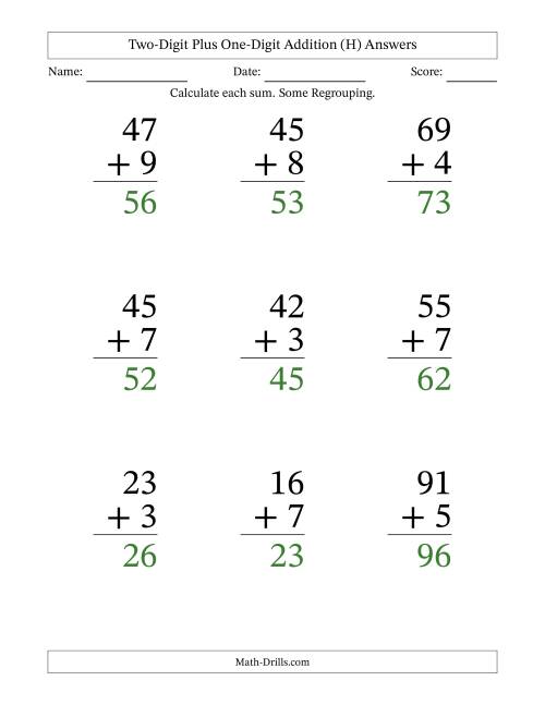 The Two-Digit Plus One-Digit Addition With Some Regrouping – 9 Questions – Large Print (H) Math Worksheet Page 2