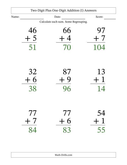 The Two-Digit Plus One-Digit Addition With Some Regrouping – 9 Questions – Large Print (I) Math Worksheet Page 2
