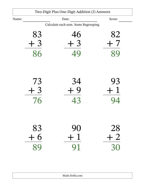 The Two-Digit Plus One-Digit Addition With Some Regrouping – 9 Questions – Large Print (J) Math Worksheet Page 2