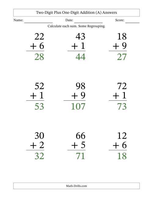 The Two-Digit Plus One-Digit Addition With Some Regrouping – 9 Questions – Large Print (All) Math Worksheet Page 2