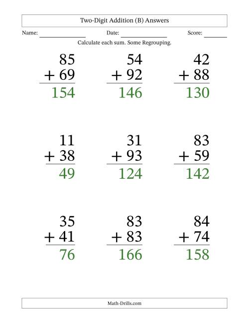 The Two-Digit Addition With Some Regrouping – 9 Questions – Large Print (B) Math Worksheet Page 2