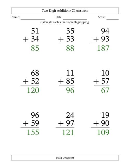 The Two-Digit Addition With Some Regrouping – 9 Questions – Large Print (C) Math Worksheet Page 2