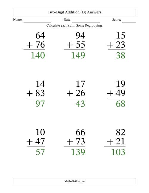 The Two-Digit Addition With Some Regrouping – 9 Questions – Large Print (D) Math Worksheet Page 2