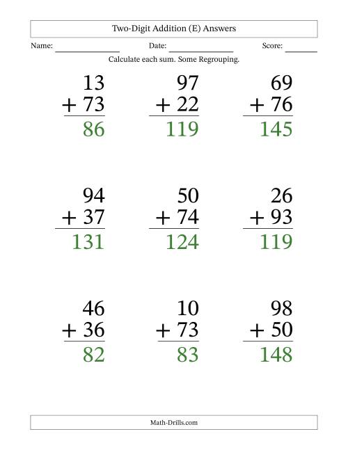 The Two-Digit Addition With Some Regrouping – 9 Questions – Large Print (E) Math Worksheet Page 2