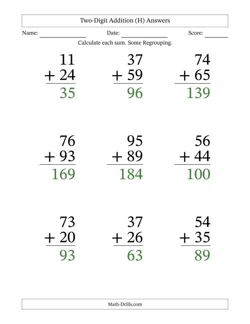 The Two-Digit Addition With Some Regrouping – 9 Questions – Large Print (H) Math Worksheet Page 2