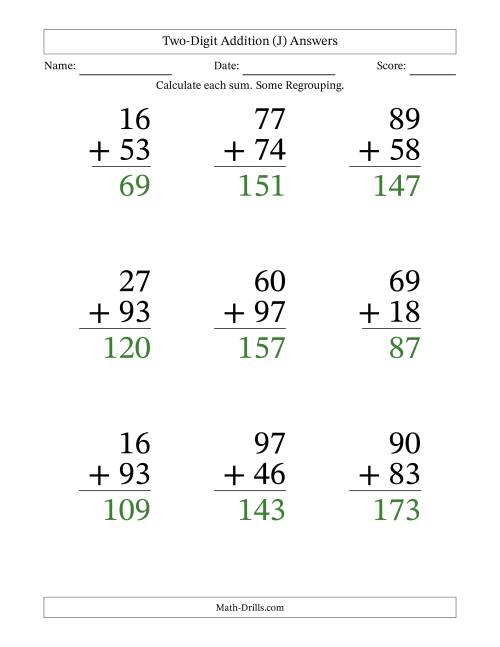 The Two-Digit Addition With Some Regrouping – 9 Questions – Large Print (J) Math Worksheet Page 2