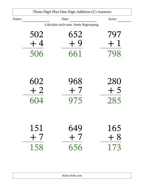 The Three-Digit Plus One-Digit Addition With Some Regrouping – 9 Questions – Large Print (C) Math Worksheet Page 2