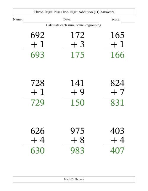 The Three-Digit Plus One-Digit Addition With Some Regrouping – 9 Questions – Large Print (D) Math Worksheet Page 2