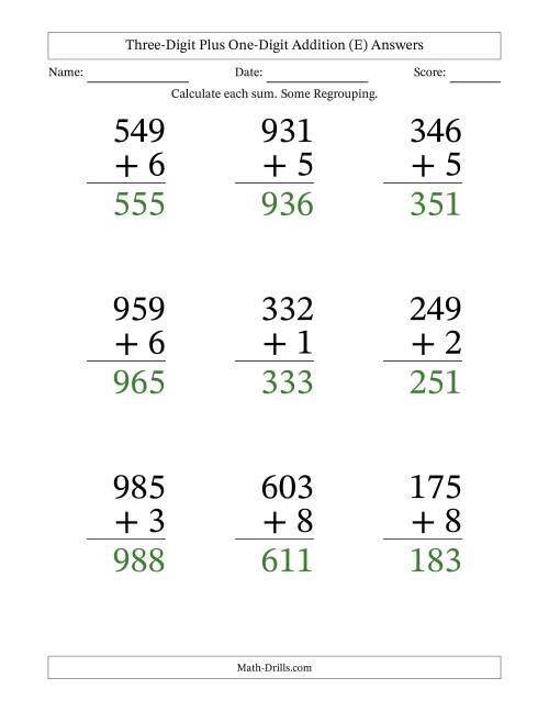 The Three-Digit Plus One-Digit Addition With Some Regrouping – 9 Questions – Large Print (E) Math Worksheet Page 2