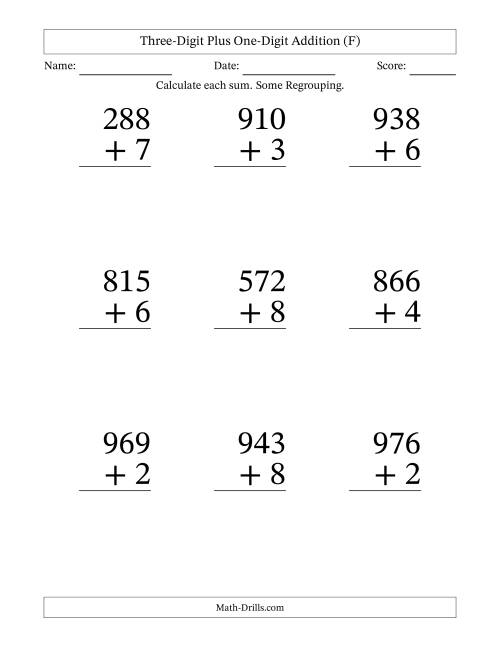 Three-Digit Plus One-Digit Addition -- 9 Questions (F)