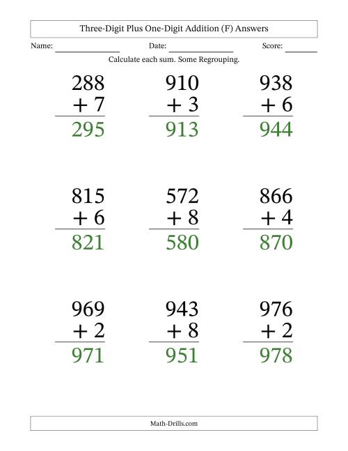 The Three-Digit Plus One-Digit Addition With Some Regrouping – 9 Questions – Large Print (F) Math Worksheet Page 2