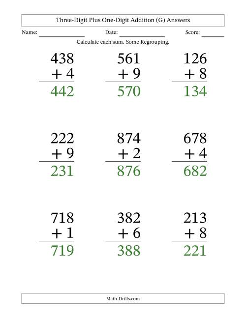 The Three-Digit Plus One-Digit Addition With Some Regrouping – 9 Questions – Large Print (G) Math Worksheet Page 2