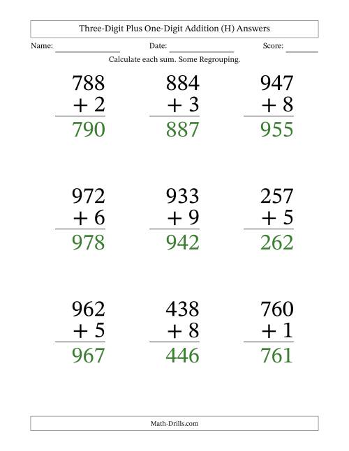 The Three-Digit Plus One-Digit Addition With Some Regrouping – 9 Questions – Large Print (H) Math Worksheet Page 2
