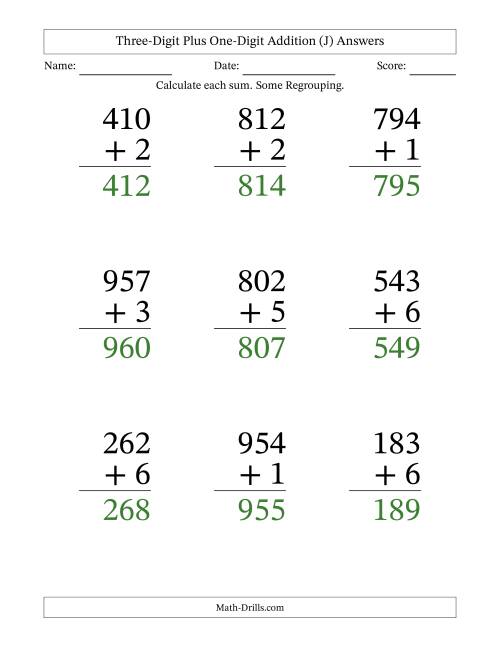 The Three-Digit Plus One-Digit Addition With Some Regrouping – 9 Questions – Large Print (J) Math Worksheet Page 2