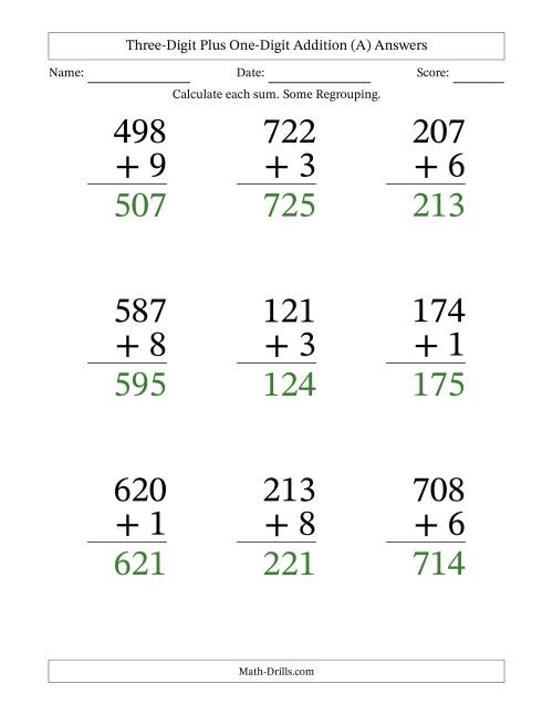 The Three-Digit Plus One-Digit Addition With Some Regrouping – 9 Questions – Large Print (All) Math Worksheet Page 2