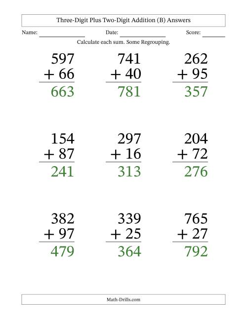 The Three-Digit Plus Two-Digit Addition With Some Regrouping – 9 Questions – Large Print (B) Math Worksheet Page 2