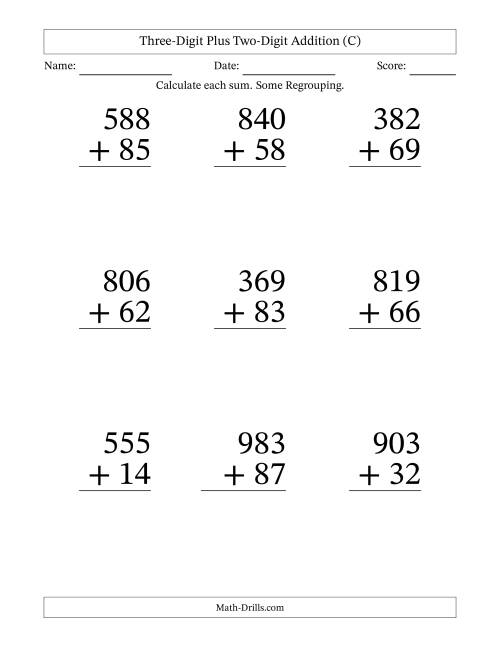 The Three-Digit Plus Two-Digit Addition With Some Regrouping – 9 Questions – Large Print (C) Math Worksheet