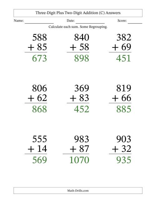 The Three-Digit Plus Two-Digit Addition With Some Regrouping – 9 Questions – Large Print (C) Math Worksheet Page 2