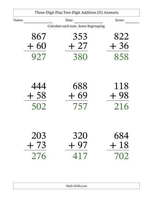 The Three-Digit Plus Two-Digit Addition With Some Regrouping – 9 Questions – Large Print (D) Math Worksheet Page 2