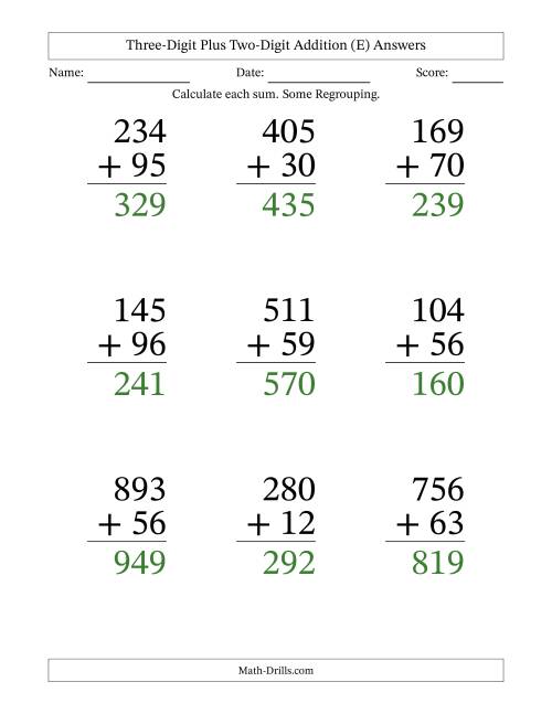 The Three-Digit Plus Two-Digit Addition With Some Regrouping – 9 Questions – Large Print (E) Math Worksheet Page 2