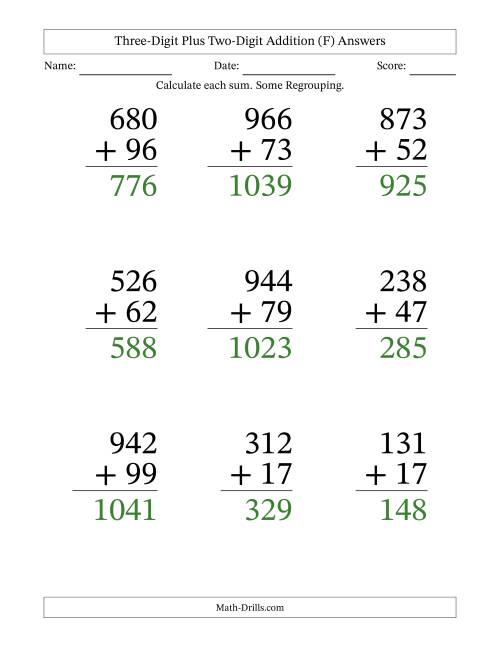 The Three-Digit Plus Two-Digit Addition With Some Regrouping – 9 Questions – Large Print (F) Math Worksheet Page 2