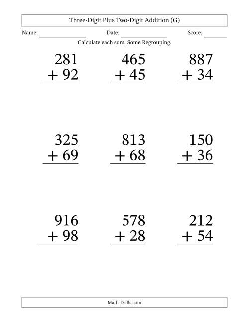 The Three-Digit Plus Two-Digit Addition With Some Regrouping – 9 Questions – Large Print (G) Math Worksheet