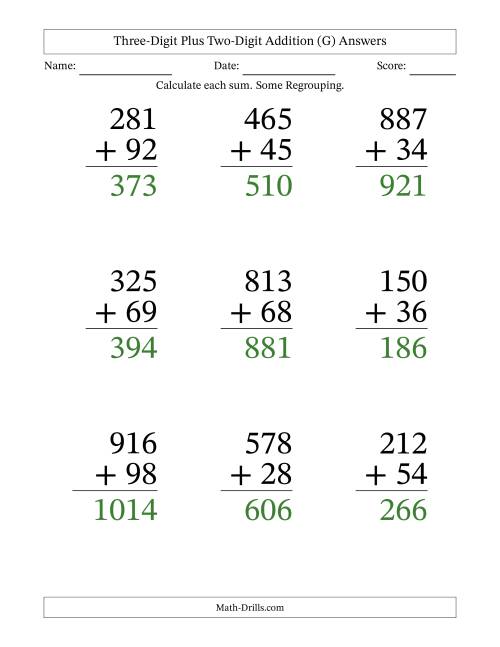 The Three-Digit Plus Two-Digit Addition With Some Regrouping – 9 Questions – Large Print (G) Math Worksheet Page 2