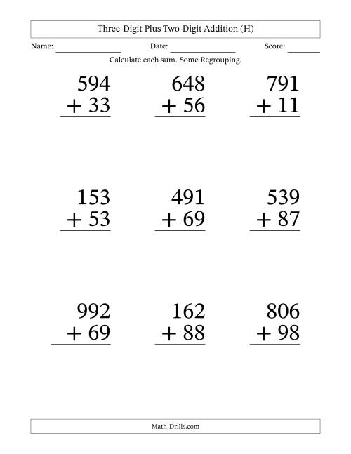 The Three-Digit Plus Two-Digit Addition With Some Regrouping – 9 Questions – Large Print (H) Math Worksheet